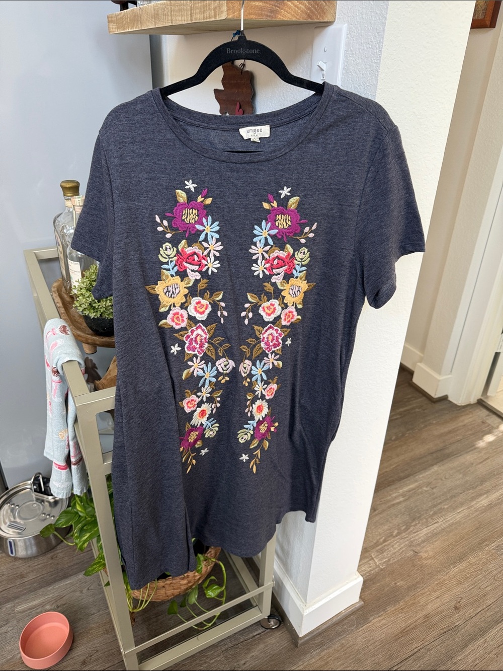 Umgee Navy Short Sleeve Tee with Multicolor Floral Embroidery
